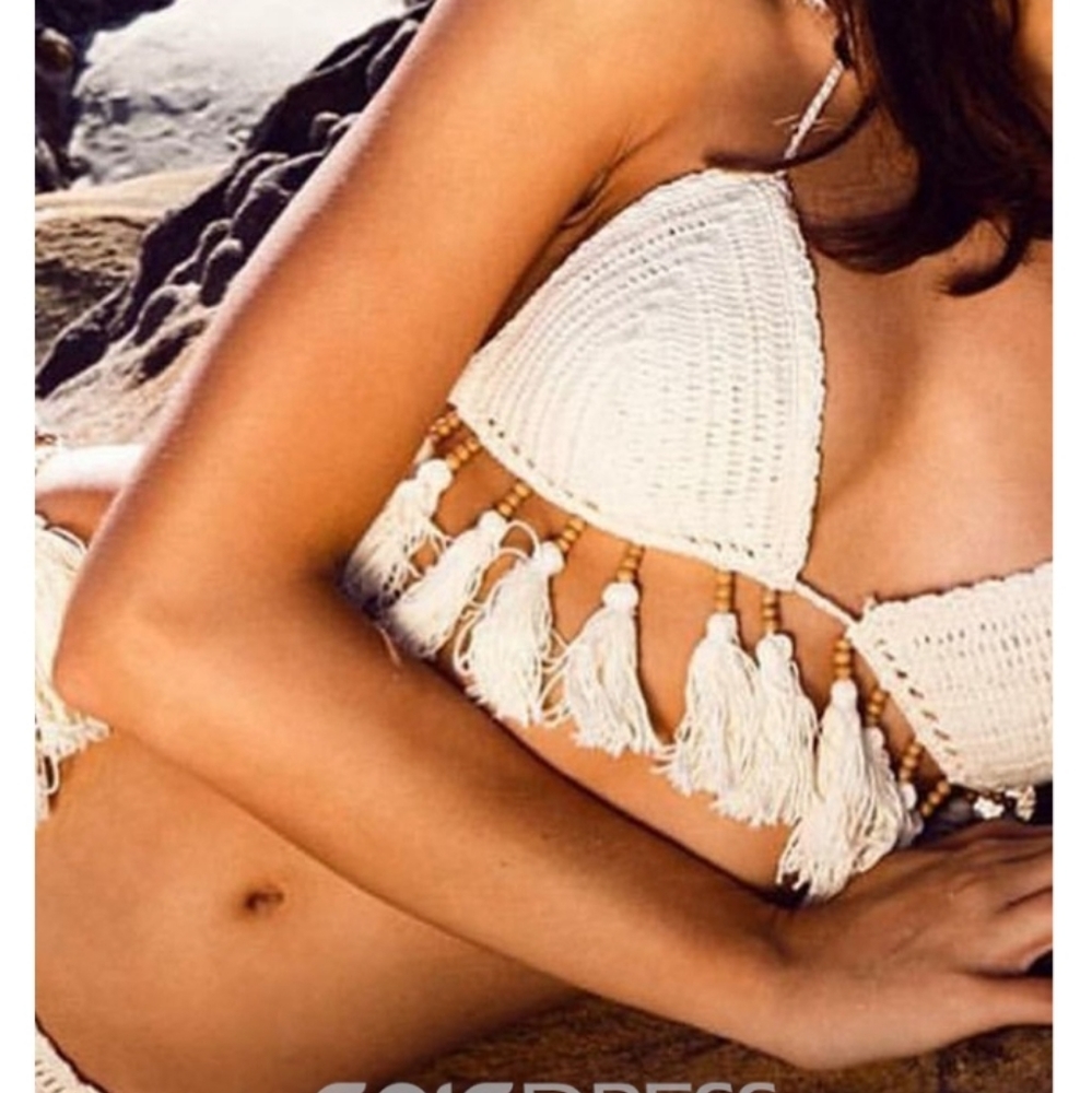 NWT White Lined Beaded Fringe Boho Hippie Crochet Padded Bikini NEW Bohemian
